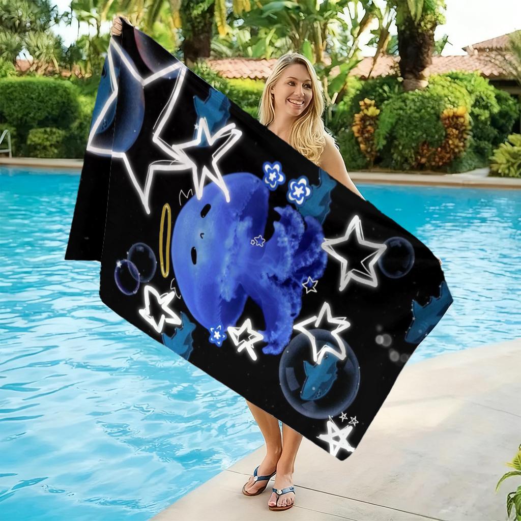 Blue Jellyfish With Star Beach Towel Large Quick-Drying Towel For Beach Pool Sport Yoga Gym Home Travel Towel Gift for Friends