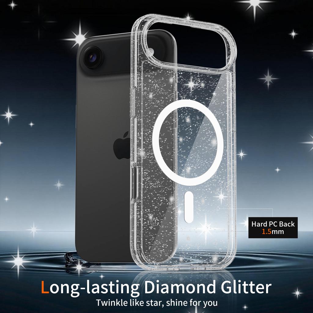 Glitter Clear Anti Yellowing Case for Magsafe Mag Safe Iphone Air 17 Pro Max 16 Plus 16E 15 13Pro 14 Pro 16Pro 17Pro Phone Cover Accessories