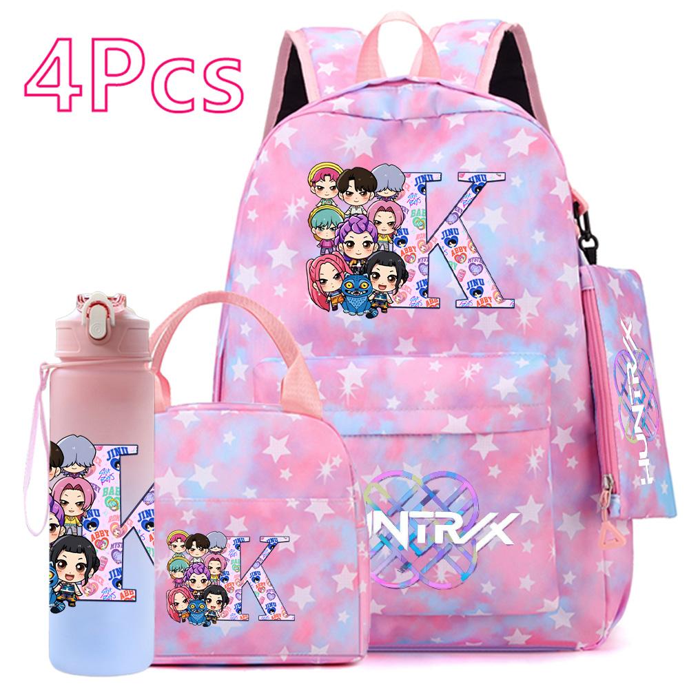 4Pcs/set 26 English Letter K-POP Printed Backpack Handbag Pencil Case 750Ml Water Bottler for Teenager Boy Girl Bookbag Schoolbag With Drinking Cup
