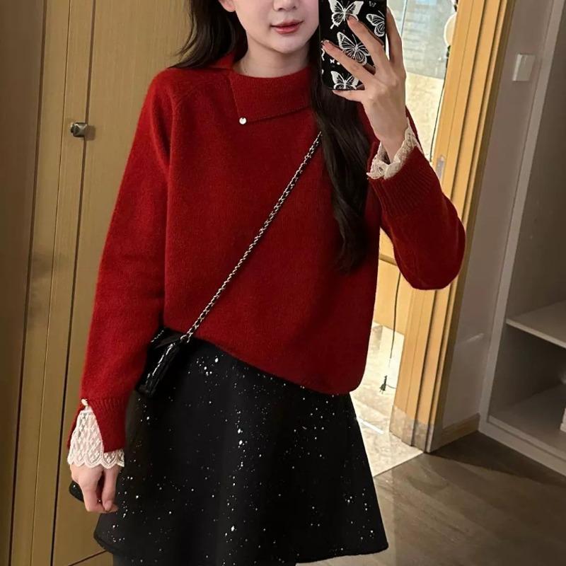 Premium sense shoulder sleeve mouth with lace soft waxy can be worn outside lapel long sleeve wool knitted sweater women's pullover sweater top