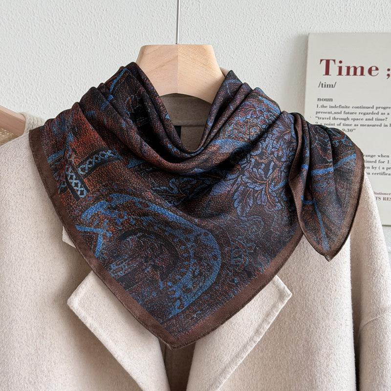 Dunhuang purple cashew flower silk scarf 71, imitation silk small square scarf for women, Spring and Autumn ethnic style headscarf, neck guard