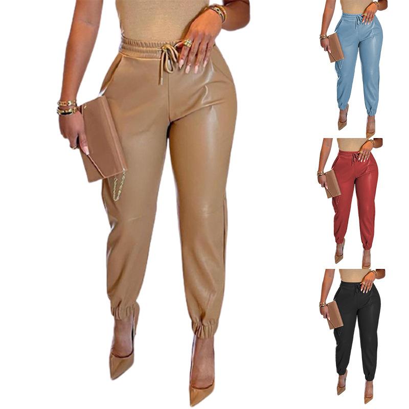 2026 Spring/Summer New Solid Color Drawstring Pocket PU Leather Casual Fashion Jogger Pants for Women