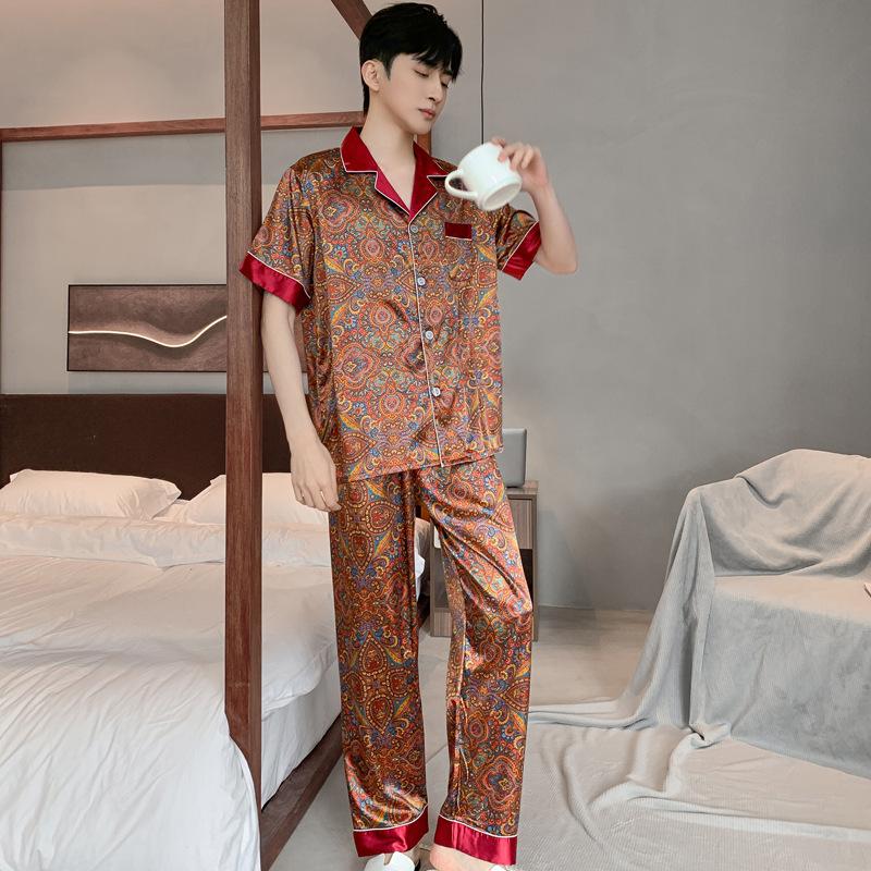 Costum de pijama bărbați de vară, mătase de gheață, pantaloni lungi cu mâneci scurte, satin, pentru bărbați, haine de noapte, set de îmbrăcăminte pentru tineret, domnișoare
