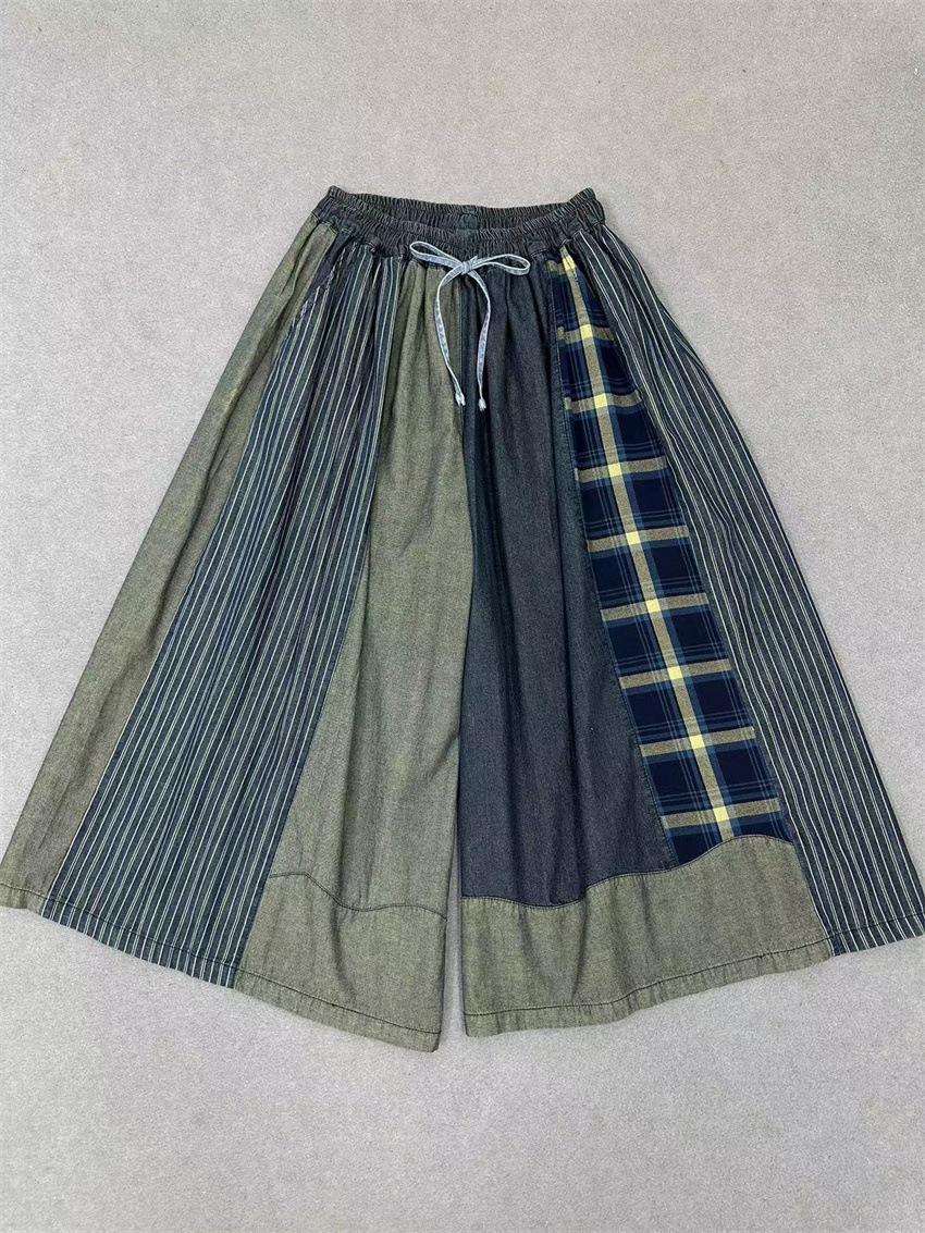 

Johnature Autumn Patchwork Wide-leg Pants Loose Casual Drawstring Elastic Waist Retro Nine-point Women Pants One Size синий