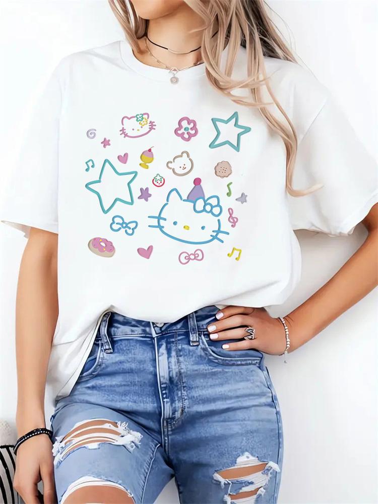 

Floral Pattern Fashionable Women s T-Shirt, Summer Fashion T-Shirt, Casual White Fun Cartoon Print T-Shirt XXS