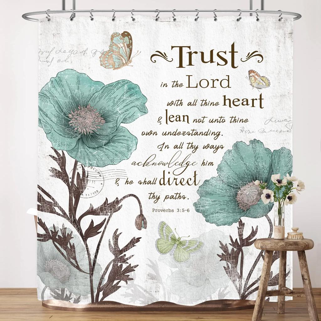 Inspirational Quote Shower Curtain Bible Verse Motivational Quote Bath Curtain Ink Paint Pink Teal Marble Abstract Bathtub Decor