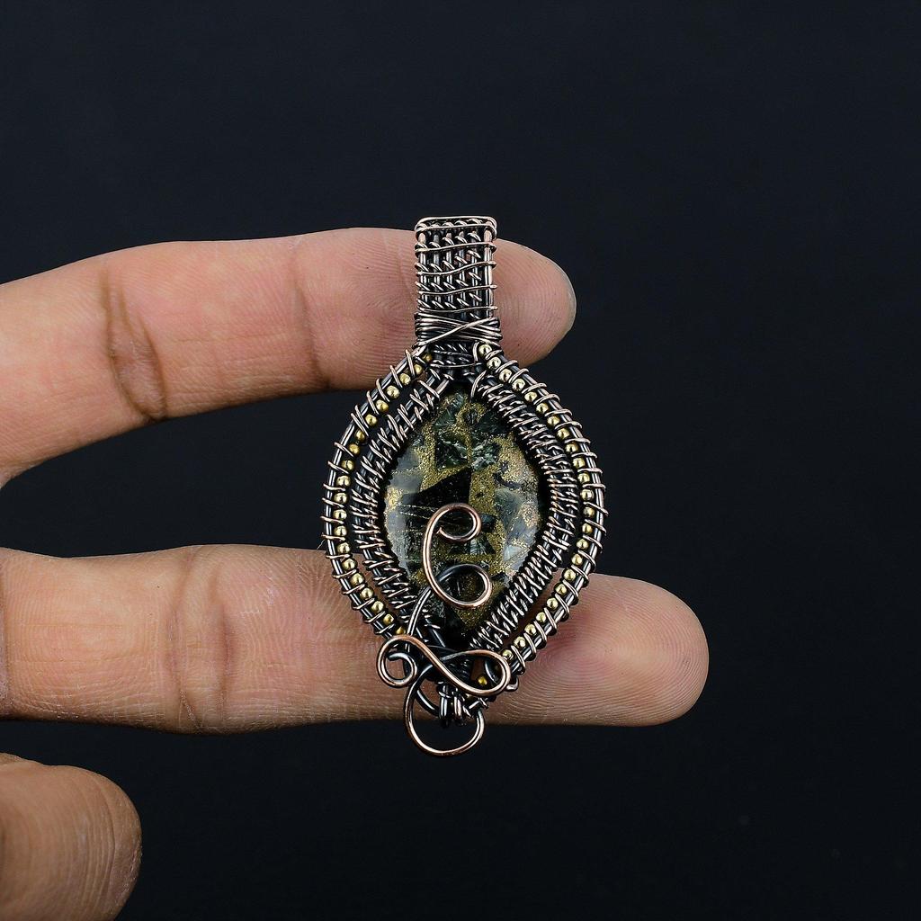 Copper Seraphinite Pendant, 999 Copper Wire Wrapped Gemstone Jewelry, Handmade Pendant, For Thanksgiving