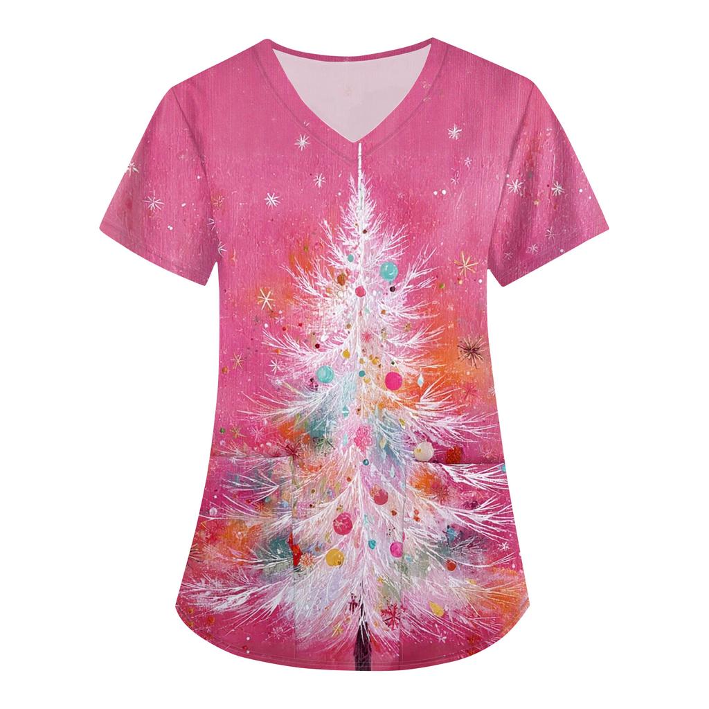 Women's Fashion V-Neck Short Sleeve Overalls With Pockets Christmas Printed Tops  Clothes