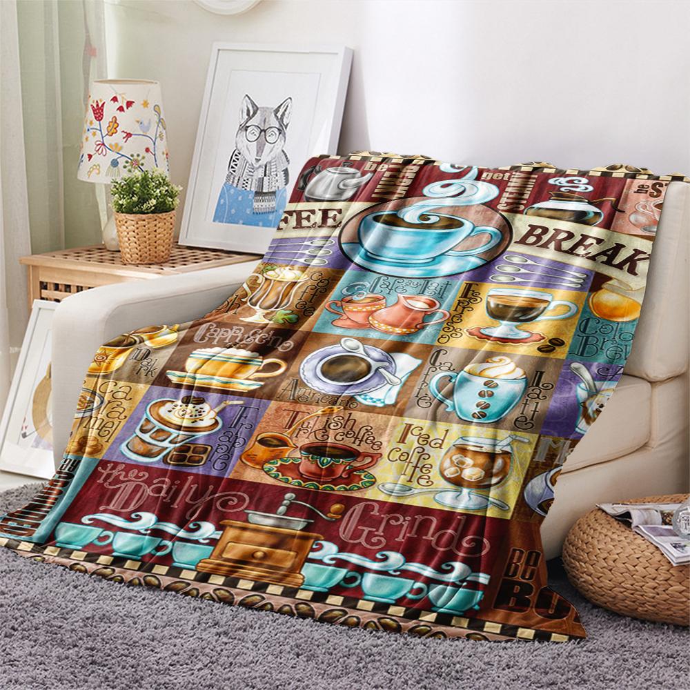 1Pc Coffee Print Flannel Blanket, High quality Comfortable for All Seasons, Home Decor, Warmth and Comfort, Perfect for Gifts