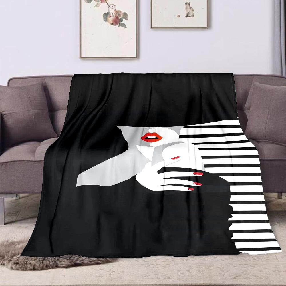 Glamorous Lady with Red Lips and Nails Patterned flannel blanket perfect for the bedroom living room, sofa, or a little nap