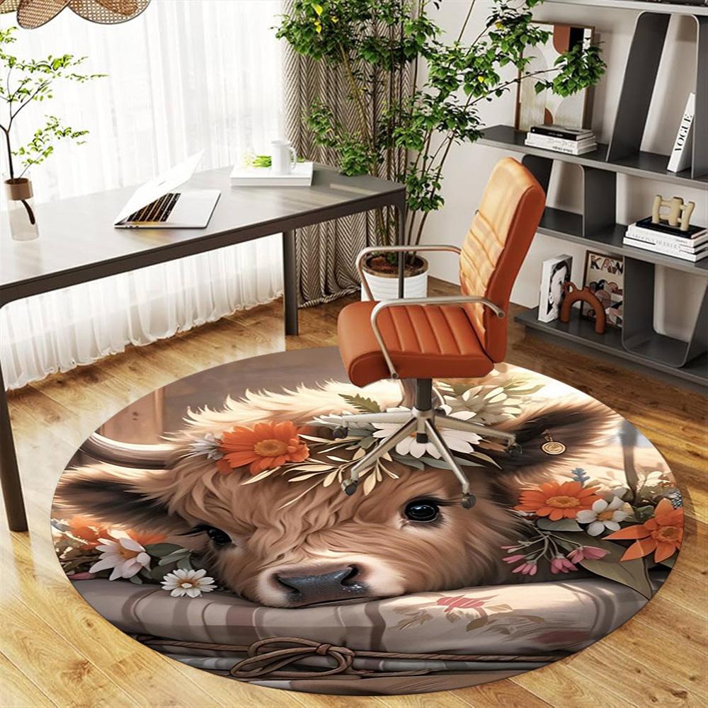1PC Cute Cow Flowers Pillow Round Chair Mat Area Rug - Non-Slip, Floor Mat for Office, Bedroom, Home Decor Christmas Gift C0528105