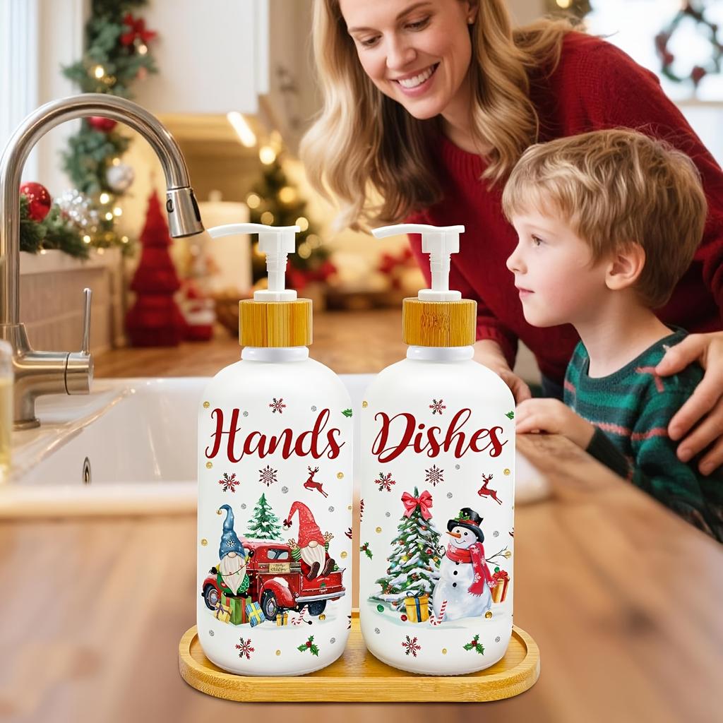 Set de 2 Dispensadores de Jabón Navideños, Decoración Navideña para Cocina, Dispensador de Jabón de Gnomos de Navidad con Bandeja para Decoraciones Interiores del Hogar