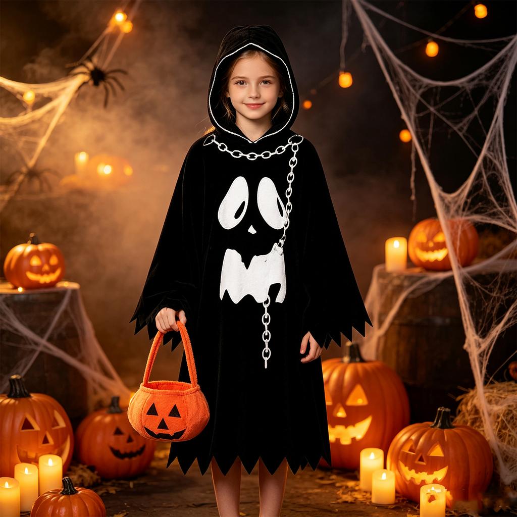 Kids Halloween Cape Costume with Pumpkin Candy for Party -or-