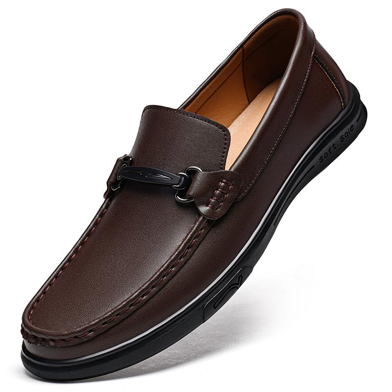 Fashion Stylish Metal Buckle Men Loafers New Genuine Leather Mens Casual Shoe Moccasins Breathable Men Driving Shoes Comfy Slip On Flats