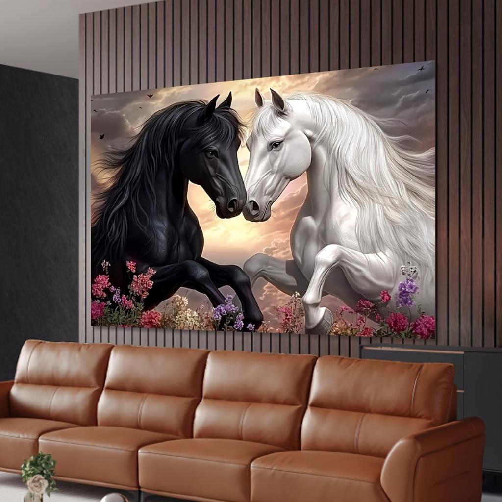 Black And White Horses Tapestry Wall Hanging, Yin Yang Stallions Art Tapestry For Living Room Bedroom, Aesthetic Home Decor