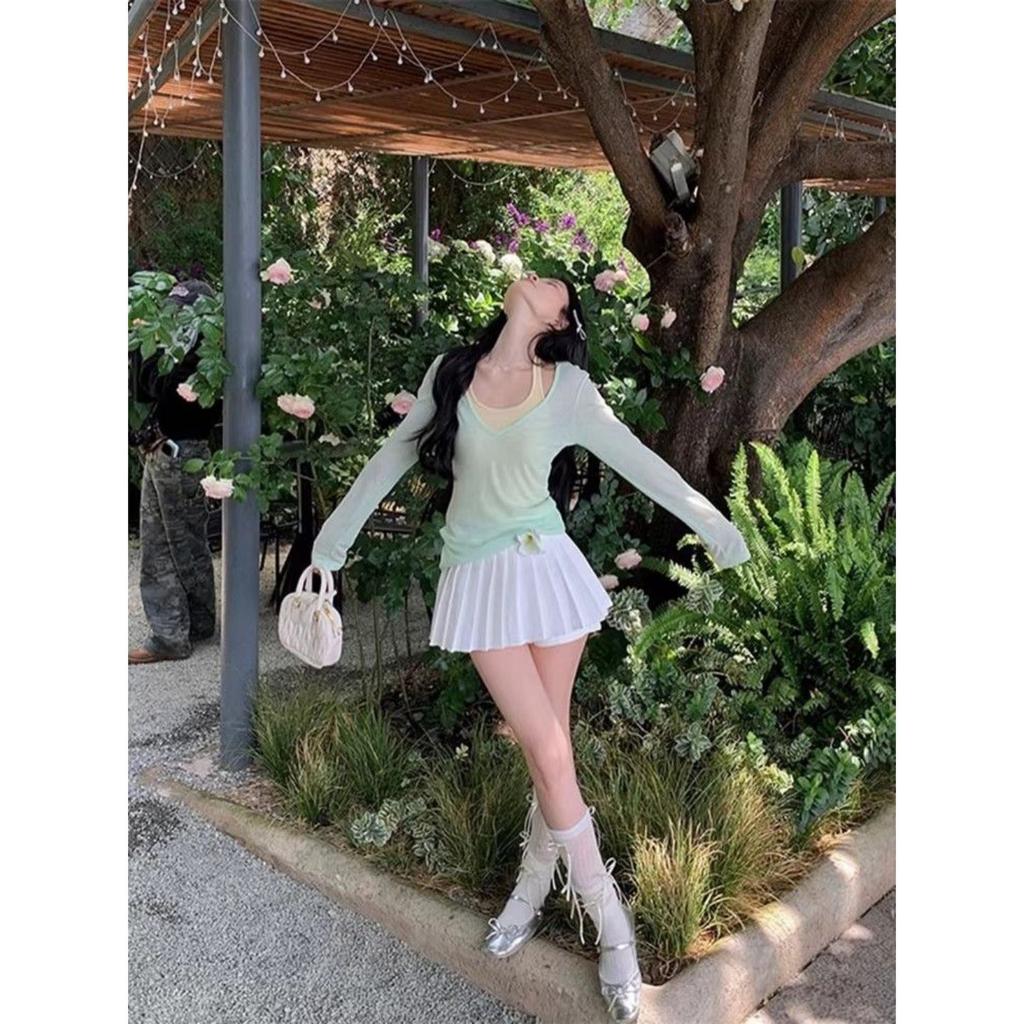 Pure desire Spice Girl slim-fit tulle sunscreen blouse women's summer American thin two-piece slightly transparent long-sleeved t-shirt top