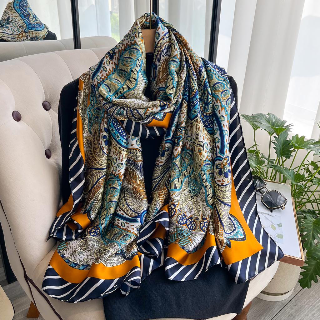 Popular 180X90CM Print Bandannas Europe America Silk Scarves Four Seasons Satin Beach Towel Fashion Flower Long Shawls