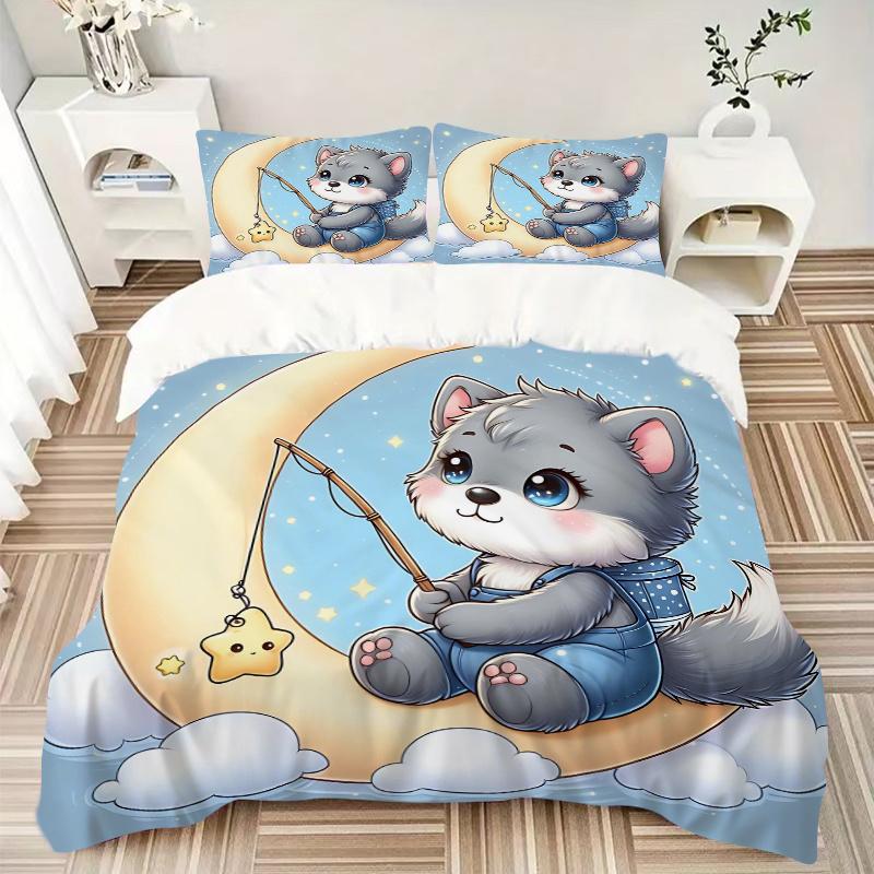 3pcs Little Wolf Fishing for Stars Printed Quilt Set - Includes 1 Quilt Cover and 2 Pillowcases, Machine Washable - Suitable for All Seasons.M071