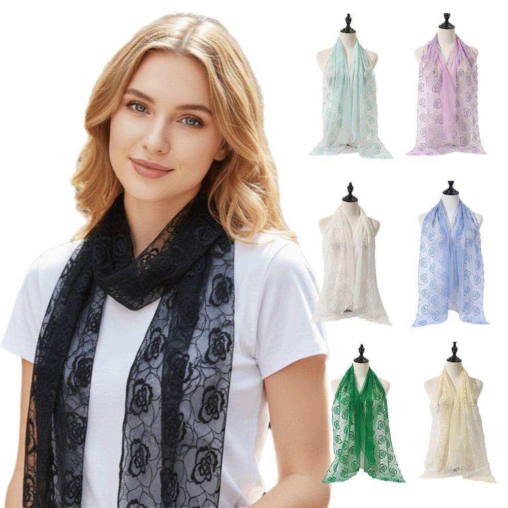 Embroidered Flower Lace Scarf Lightweight Silk Scarf Casual Sunscreen Shawl Women