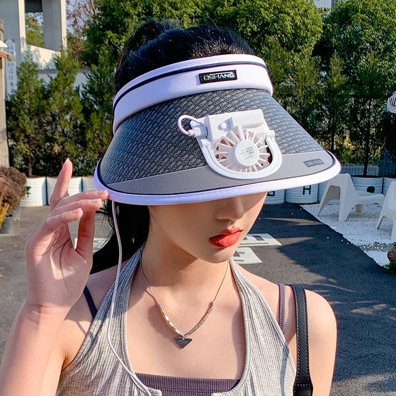 Neuer Sommer-Sonnenschutzhut für Damen mit breiter Krempe mit Ventilator Hut mit leerem Oberteil Wiederaufladbarer Sonnenhut Sommer-Mode Sonnenhut white