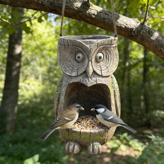 Mangeoire à oiseaux Chouette en résine Résistante aux intempéries Mangeoire à oiseaux d'extérieur et Jardinière Mangeoire à oiseaux Chouette décorative à suspendre pour la décoration du jardin arrière