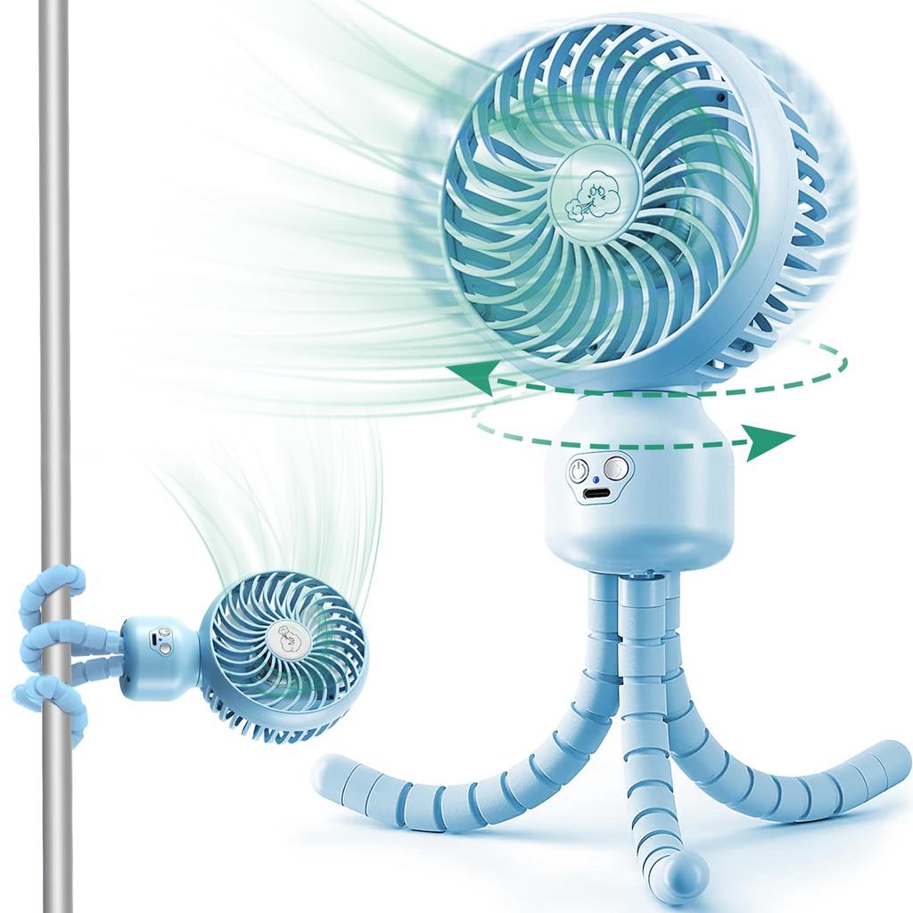 Portable Rechargeable Fan with Automatic Oscillation and Flexible Mini USB Airflow Portable for Outdoor Heatstroke Blue Winding, Fan, 4-Way Design,