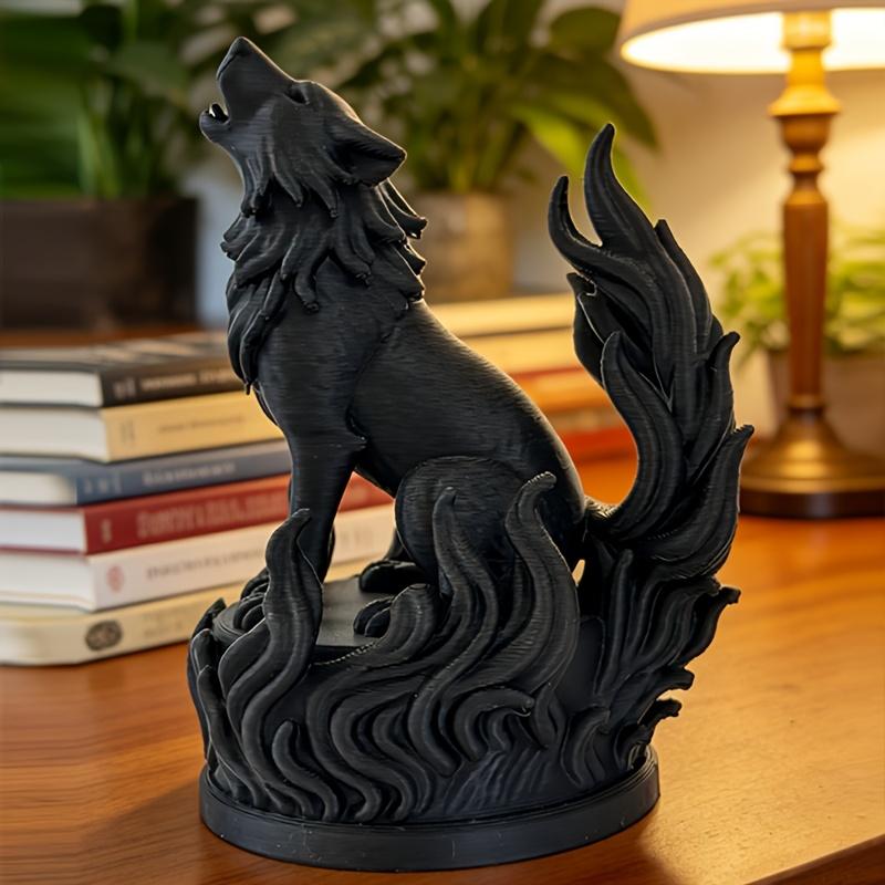 3D‑Printed Howling Dark Flame Wolf Figurine, Textured Statue With Flame‑Shaped Base, Home & Office Desktop Ornament, Gift for Fa