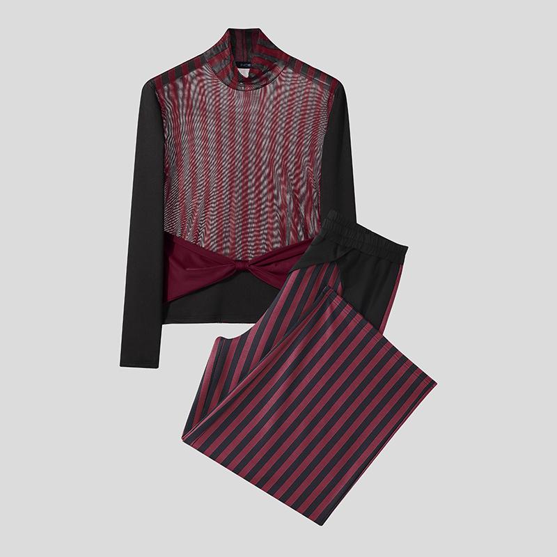 INCERUN Two-piece Men Long Sleeve Striped Mesh Sheer Bow Tops and Pants Sets