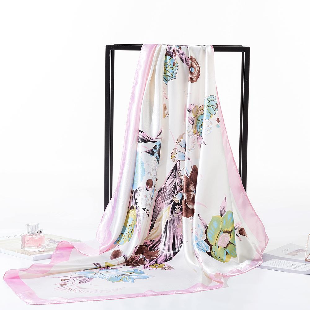 90*90Cm Square Flower Silk Scarves Women Hijab Shawls Print Kerchief Femme Head Scarf Foulard Bandana Beach Pareo