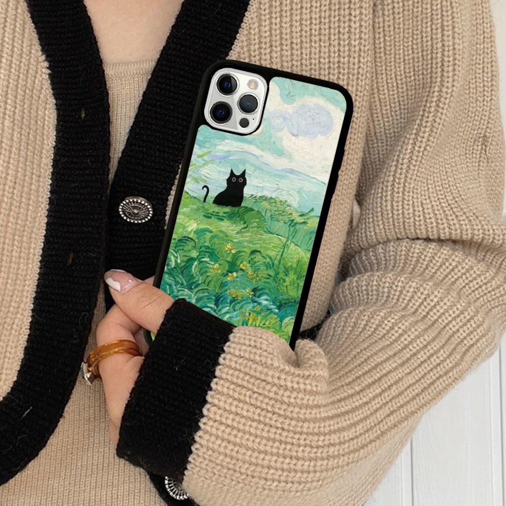 Cartoon Animal Black Cat Oil Painting Phone Case Silicone PC+TPU For For iPhone  11 12 13 14 15 16 Plus Pro Max Cover