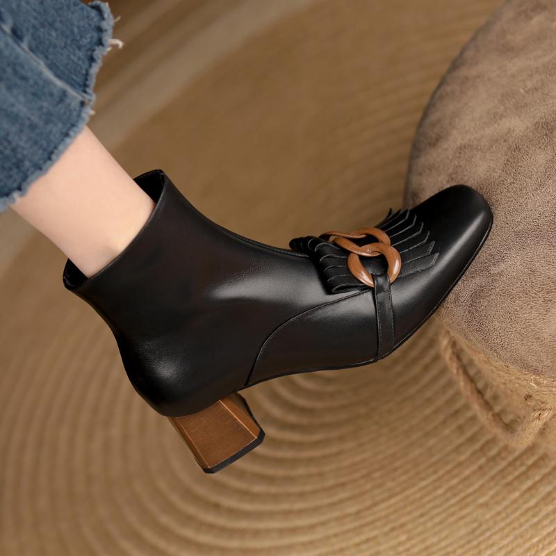 Fashion 2025 New Women Shoes Fringe Women Boots Winter Ankle Boots Zapatos De Mujer Womens Boots Square Toe Genuine Leather Black Boots