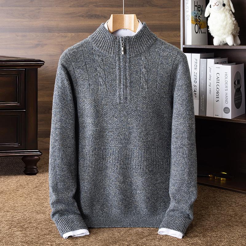 Herren-Strickpullover aus reiner Wolle, dick, für Herbst & Winter, mit halbem Reißverschluss