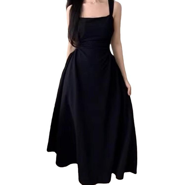 Women's Black & White Pleated A-Line Suspender Dress - French Style, Plus Size, Slimming Waist, Perfect for Spring & Autumn.