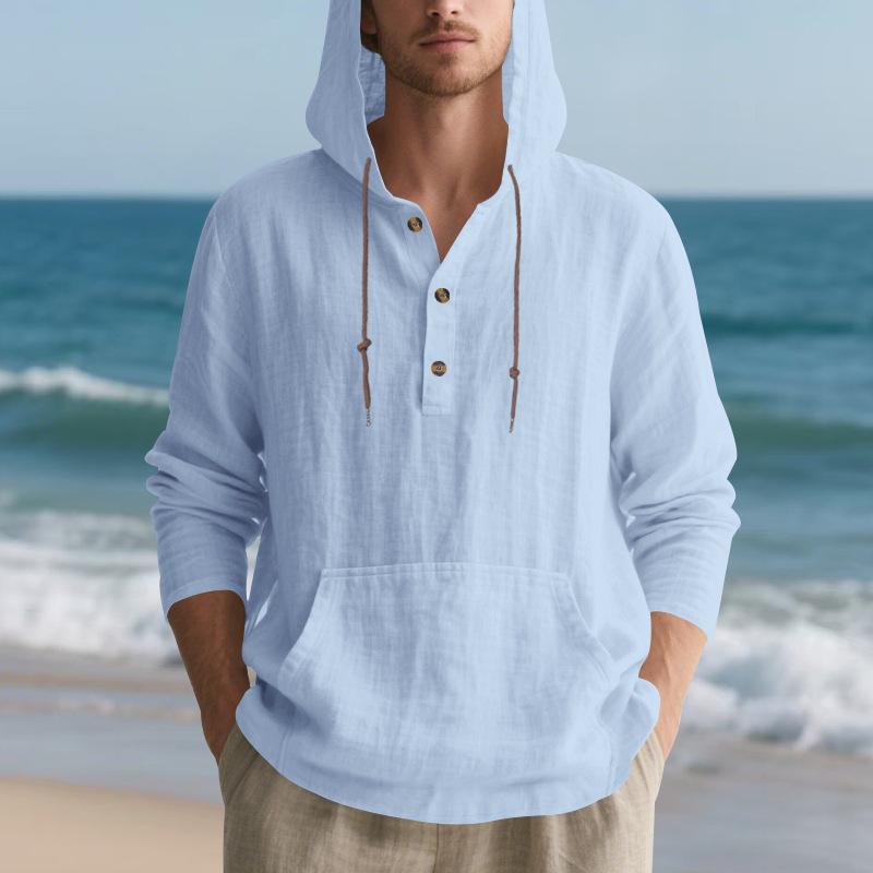 Men Casual Loose Long Sleeve Hooded Linen Blend Henley T Shirt