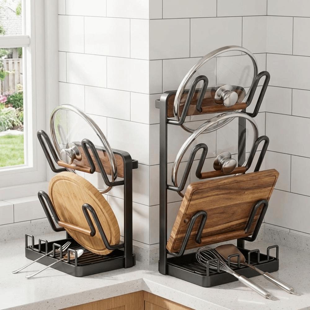 Carbon Steel Pot Lid Rack Space Saving Rustproof Kitchen Storage Rack Stable with Spoon Rest Cutting Board Holder Restaurant