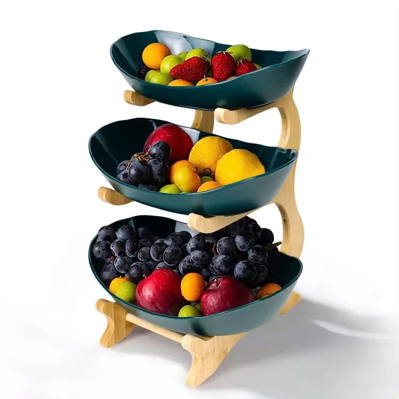 Tischplatten Geschirr Unterteilt Süßigkeiten Kuchen Tabletts Küche Obstschale mit Etagen Stilvolles Bambus Serviertablett Holzgeschirr
