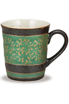 Waza no Kura Stilvolle Kaffee-Kutani-Keramik-Tasse mit goldenem Arabesken-Design und grüner Keramik Hergestellt in Perfekt als Geschenk für den 60., 70., 77. oder 88. Geburtstag