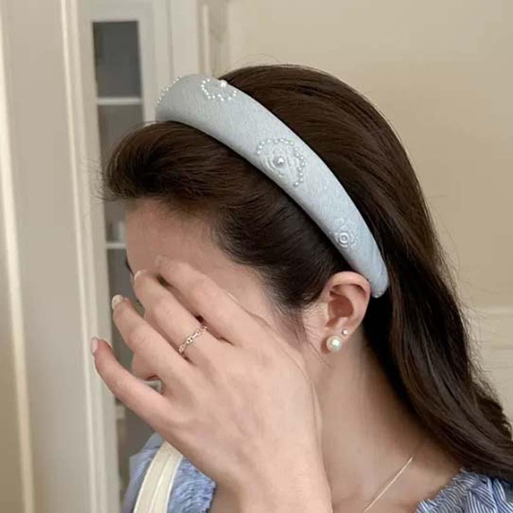 French Style Pearls Cloth Hair Hoop Rose Print Beige Blue Hair Band Beads Crystal Headband  Outdoor