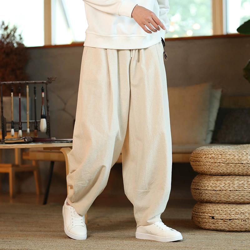 Spring and Autumn Men's Retro Trend Harem Pants Chinese Style Linen Ruyi Pants Cotton and Linen Straight Lantern Pants