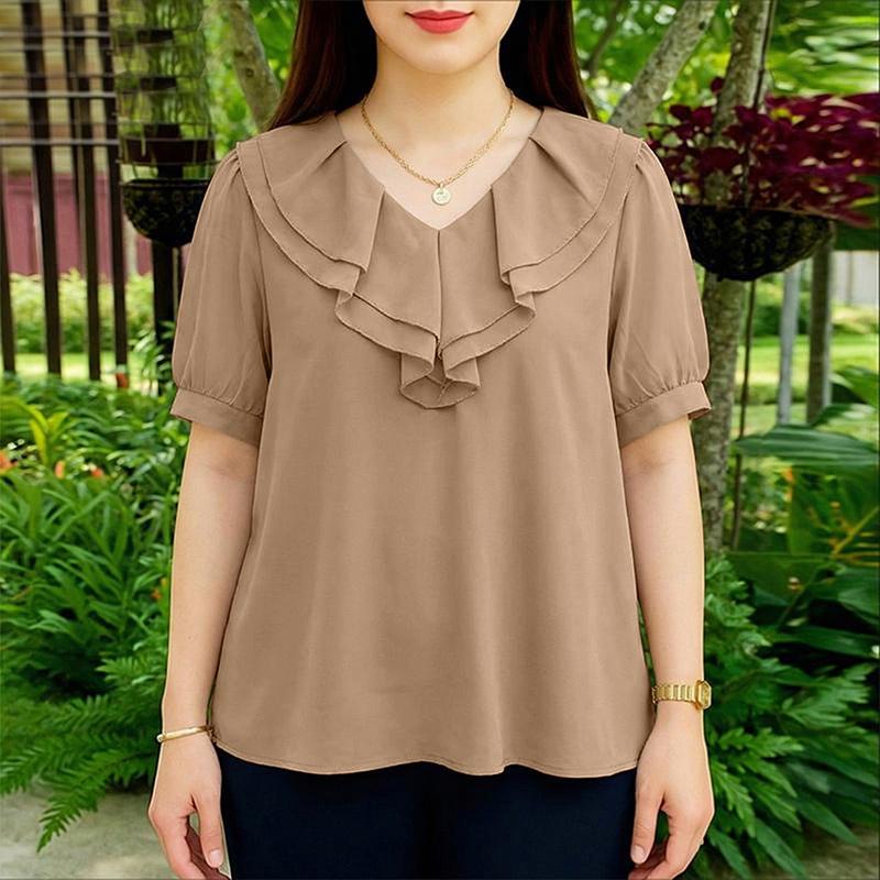 ZANZEA Women Ruffles V-Neck Solid Color Loose Half Sleeve Blouse S хаки