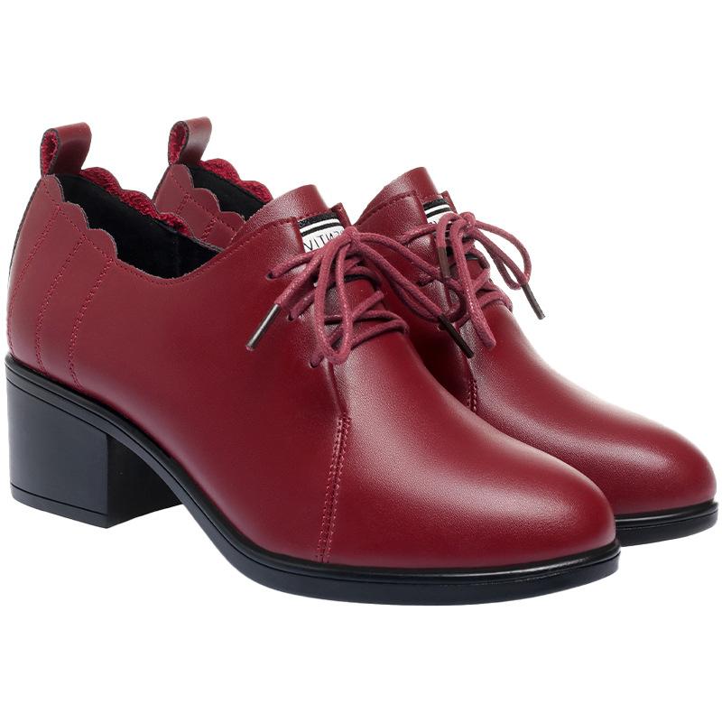 Fashion Spring Autumn Deep Mouth New Fashion Casual Women's Solid  Lace Up Round Toe Chunky Heel Soft Leather Bottom  Single Shoes