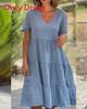 Summer Girl Dress With Vneck And Pleated Cotton Linen Fabric For Casual Wear