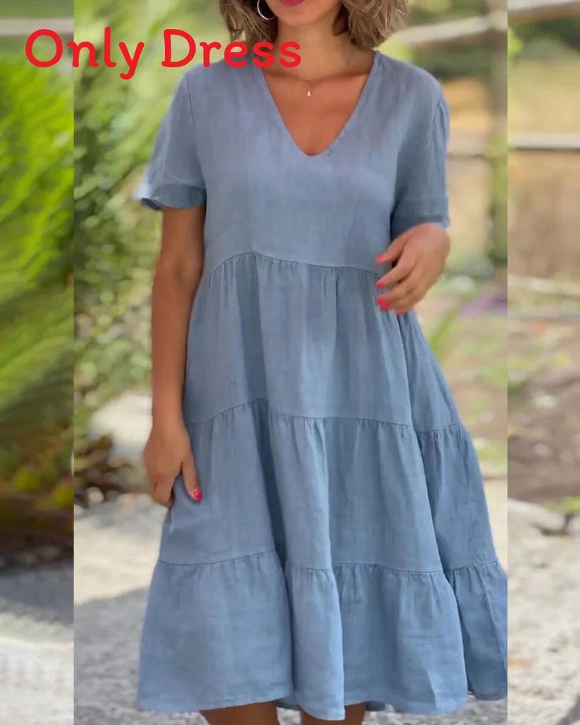 Summer Girl Dress With Vneck And Pleated Cotton Linen Fabric For Casual Wear