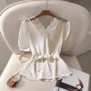 Damen Elegant Spitze Patchwork Kurzarm Krawatten Taille Oberteil Übergröße für Frühling/Sommer