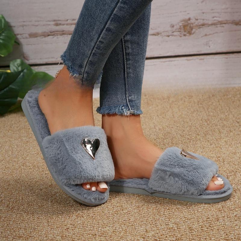 New High-end Fashion Love-decorated Plush Slippers for Women with Open Toes Soft and Comfortable, Lightweight, Suitable for Bedroom, Living Room, Home