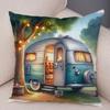 Happy Campers Pillow Case Double Print Decor Cartoon House Travel Car Cushion Cover for Sofa Home Soft Plush Pillowcase