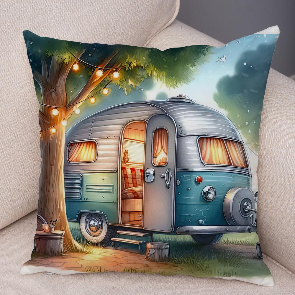 Happy Campers Pillow Case Double Print Decor Cartoon House Travel Car Cushion Cover for Sofa Home Soft Plush Pillowcase