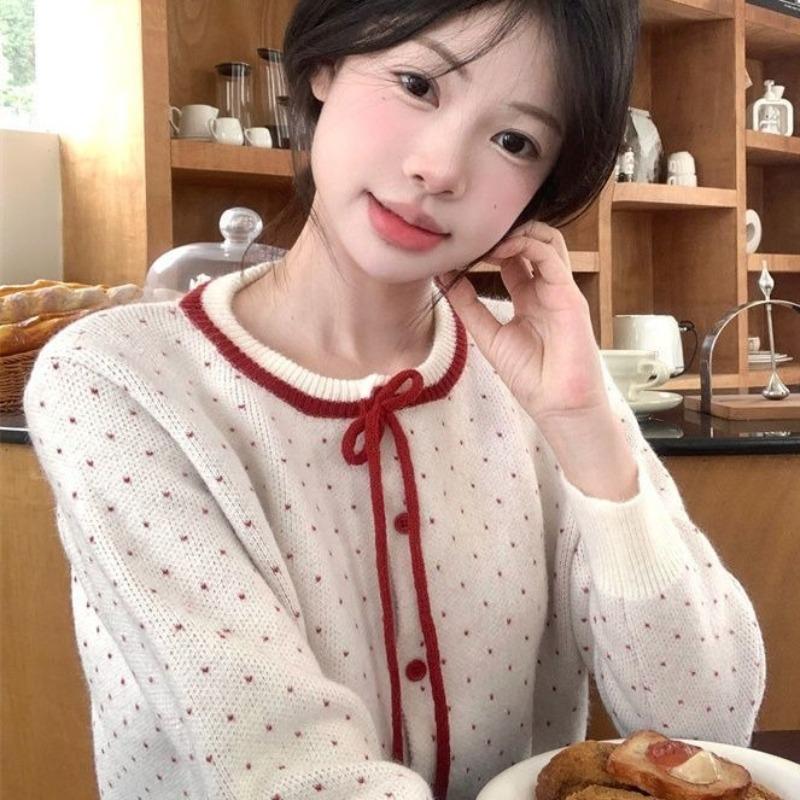 Ladies' Love Jacquard Cardigan Women's Round Neck Bow Tied Long Sleeved Knitted Sweater Autumn New Version Casual Style Top