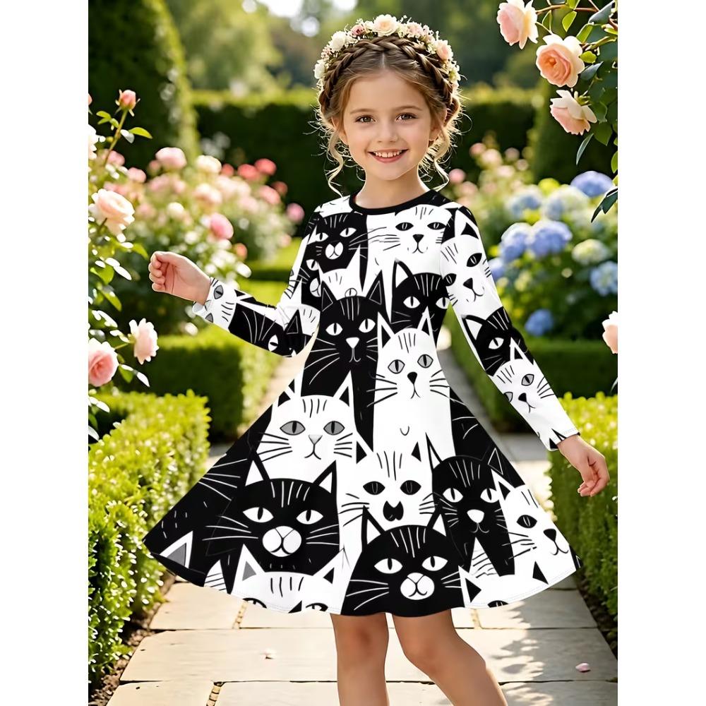 Girls' 3D Color Cat Dress Long Sleeve Summer Spring Vacation Daily Holiday Princess Beautiful Sweet Kids 4-12 Years Casual Dress A Line Dress
