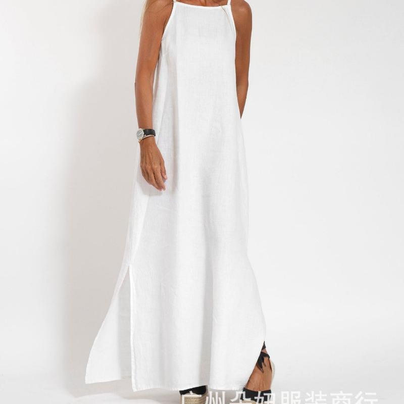 Modisches und lässiges Damen-Latzkleid aus Baumwolle und Leinen mit Schlitz